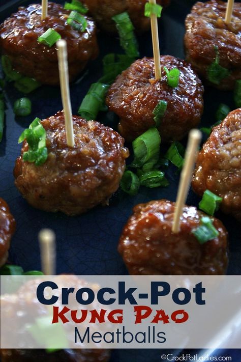 Crock-Pot Kung Pao Meatballs - Sweet and spicy Crock-Pot Kung Pao Meatballs make a great appetizer at your next party. Or over rice with some veggies for a easy dinner everyone will love! [Gluten Free, Low Sugar & Weight Watchers Friendly!] #CrockPotLadies #CrockPot #SlowCooker #Meatballs #WeightWatchers Kung Pao Meatballs Crockpot, Crockpot Lo Mein, Slow Cooker Asian Meatballs, Kung Pao Meatballs, Crockpot Asian Meatballs, Hawaii Meatballs Slow Cooker, Hawian Meatballs Recipes Crockpot, Crock Pot Meatballs, Party Food Dessert