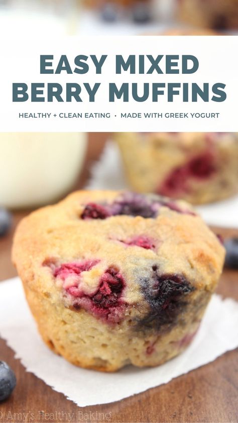 This healthy mixed berry muffins recipe is easy to make! Greek yogurt keeps them really moist & fluffy. You can use fresh or frozen berries too! A great breakfast or snack! Berry muffins healthy clean eating. Mixed berry muffins healthy greek yogurt. Berry muffins with frozen berries easy. #healthybreakfast #glutenfree #easyrecipe #cleaneating Berry Muffins With Frozen Berries, Muffins With Frozen Berries, Healthy Berry Muffins, Strawberry Blueberry Muffins, Healthy Pancake Mix, Berry Muffin Recipe, Mixed Berry Muffins, Clean Eating Recipe, Oat Breakfast