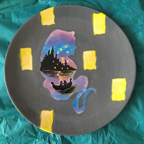 Tangled Pottery Painting, Sunset Pottery, Rapunzel Silhouette, Disney Pottery, Cup Pictures, Tangled Painting, Disney Plates, Disney Night, Cat Pottery