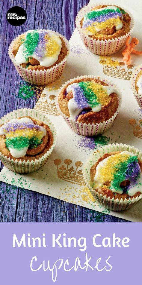 King Cupcakes, Kings Cake Cupcakes, Mardi Gras Food, Mardi Gras Party, King Cake, Cake Cupcakes, Classic Desserts, Holiday Treats, Cupcake Recipes