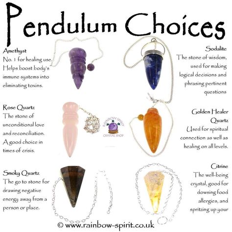 Amethyst,  Rose Quartz, Smoky Quartz, Sodalite, Golden Healer,  Citrine Crystal Pendulum  stones.. it's best to start with the Amethyst Magia Das Ervas, Wiccan Magic, Wiccan Spell Book, Witchcraft Spell Books, Witch Spell Book, Witchcraft For Beginners, Spiritual Crystals, Herbal Magic, Modern Witch