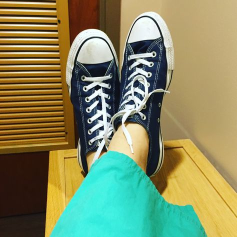 Fashion tip, navy blue Chucks even make aqua hospital scrubs look good. #conversechucktaylor #chucktaylor #conversetravels #bluechucks Hospital Scrubs, Chuck Taylor Sneakers, Converse Sneaker, Scrubs, Converse, Navy Blue, Navy, Sneakers, Fashion Tips