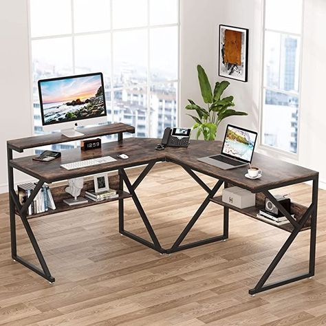 Office Desk With Shelves, L Shaped Desk With Storage, Two Person Desk, Desk With Shelves, Computer Desk With Shelves, Large Bookshelves, Healing Center, Corner Computer Desk, Desk With Storage