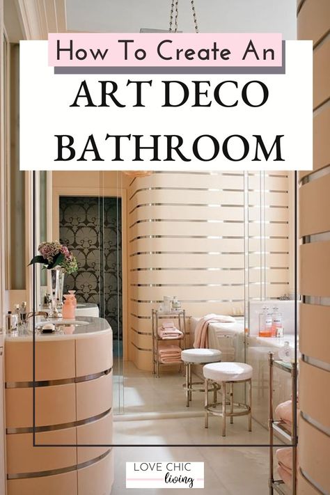 My best tips for creating a contemporary art deco bathroom using art deco lighting, mirrors, art deco bathroom vanity dressers & more. Bring a touch of Art Deco to your home with these stunning design ideas! #lovechicliving Modern Art Deco Inspired Bathroom, White Art Deco Bathroom, Art Deco Tile Bathroom, Great Gatsby Bathroom, Art Deco Tiles Bathroom, Art Deco Bathroom Ideas, Great Gatsby Film, Modern Art Deco Bathroom, Art Deco Bathroom Vanity