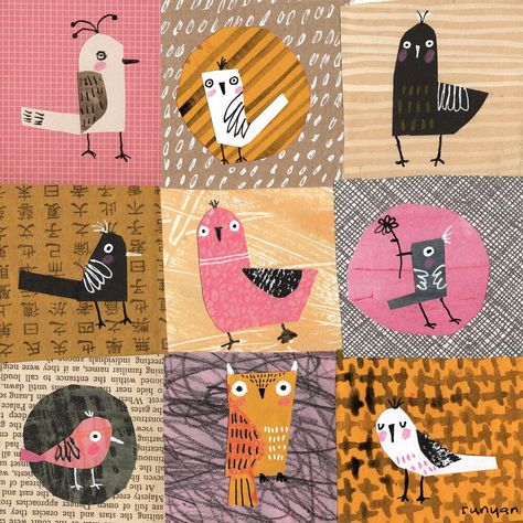 Terry Runyan Art, Terry Runyan, Round Robin, Illustration Sketchbook, Mixed Media Illustration, Collage Art Projects, Art Creativity, Bird Quilt, Collage Art Mixed Media