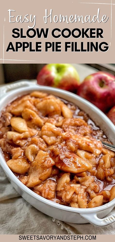 This easy homemade slow cooker apple pie filling is so simple to throw in your crockpot and let the slow cooker do all the work. There's nothing better than the ooey-gooey filling inside a warm, homemade apple pie and with this apple pie filling made in the slow cooker, it is so easy to make. Slow cooker apple pie filling is easy to make, delicious, and a healthy alternative to the sugar-laden traditional version. Easy Apple Pie Filling Recipes, Healthy Apple Pie Filling, Crockpot Apple Pie, Cherry Filling Recipes, Slow Cooker Apple Pie, Sugar Free Apple Pie, Easy Apple Pie Filling, Canning Apple Pie Filling, Making Apple Pie