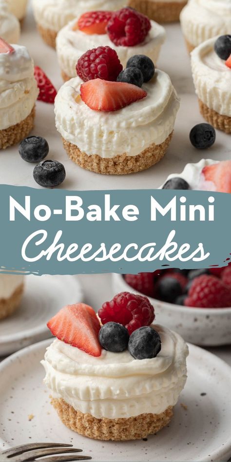 No-bake mini cheesecakes are an easy make-ahead dessert for dinner parties and gatherings. The cheesecakes are made in a muffin pan and are perfectly portioned individual desserts! No Bake Cheesecake Muffin Tin, Individual Desserts In A Cup No Bake Mini Cheesecakes, Desserts Make Ahead, Easy Mini Cheesecake Recipes Muffin Tins, Individual Cheesecakes Muffin Tins, No Bake Mini Cheesecake Cups, Easy No Bake Desserts Simple, No Bake Individual Desserts, Mini Cheese Cakes Muffin Tins