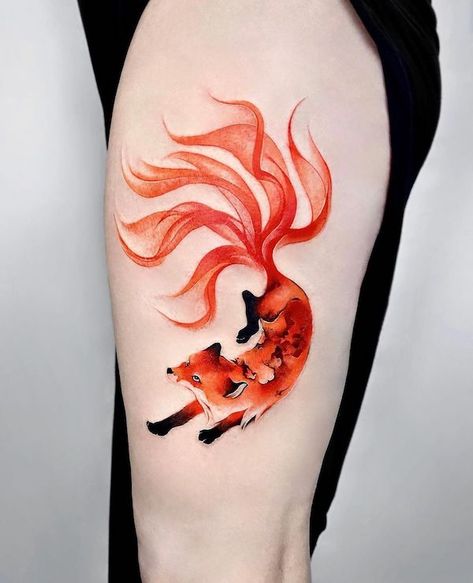 nine tailed fox tattoo 1 Nine Tail Fox Tattoo Design, Nine Tail Fox Tattoo, Nine Tailed Fox Tattoo, Animal Tattoo Designs, Watercolor Fox Tattoos, Meaningful Tattoo Ideas, Australian Tattoo, Wreath Tattoo, Fox Tattoo Design