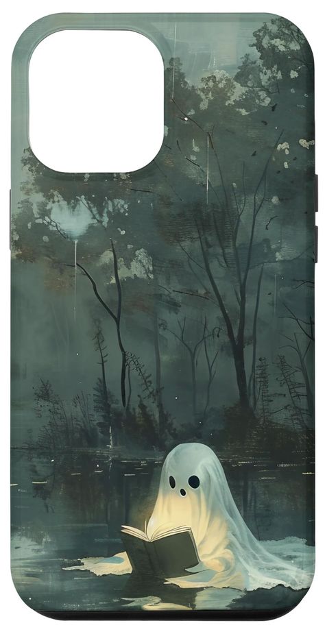 PRICES MAY VARY. Dive into the charming eerie atmosphere of a ghost enjoying a peaceful read reading on a lake. Perfect for those who appreciate unique, whimsical, and supernatural themes. This design captures the spooky and serene scene of a ghost in a misty, moonlit nature forest. Ideal for fans of reading mysterious, haunting, and artistic books. Two-part protective case made from a premium scratch-resistant polycarbonate shell and shock absorbent TPU liner protects against drops Printed in t Ghost In The Woods Painting, Freshman Wallpaper, Vintage Aesthetic Green, Forest Wizard, Forest Ghost, Ethereal Forest, Ghost Reading Book, Supernatural Theme, Trippy Pictures