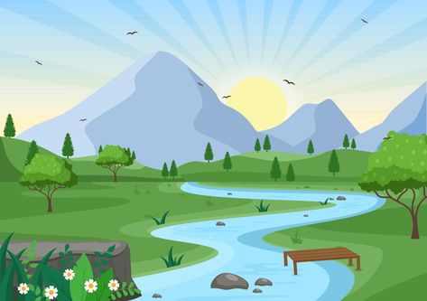 Download the Sunrise Landscape of Morning Scene Mountains, Hill, Lake and Valley in Flat Nature for Poster, Banner or Background Illustration 5132148 royalty-free Vector from Vecteezy for your project and explore over a million other vectors, icons and clipart graphics! Natural Landscape Drawing, Good Morning Landscape, Mountain Animation, Sunrise Clipart, Mountain Cartoon, Sunrise Vector, Nature Animated, Valley Illustration, Valley Drawing