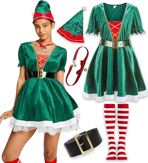 Christmas Costume Santa Elf Dress Roleplay Party Gift Adult Fancy Dress Up Outfit with Hat Belt Sock Necklace Elf Costume Women, Mrs Claus Outfit, Outfit With Hat, Christmas Elf Outfit, Christmas Elf Costume, Elf Dress, Christmas Fancy Dress, Adult Fancy Dress, Role Play Costume