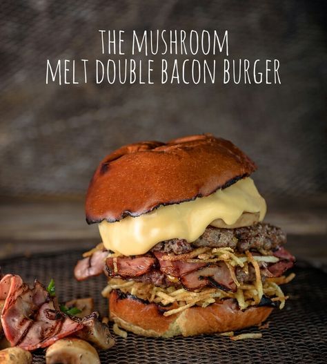 The Mushroom Melt Double Bacon on brioche Mushroom Melt, Bacon Burger, The Mushroom, Bacon, Stuffed Mushrooms, Ethnic Recipes, Brioche