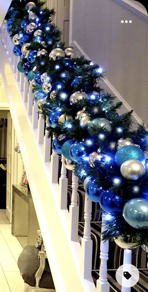 Blue And Silver Christmas Garland, White Christmas Tree With Blue Lights Decorating Ideas, Blue And Black Christmas Decor, Blue Gold And White Christmas Tree, Blue And Silver Christmas Decor Ideas, Blue Silver And White Christmas Decor, Silver And Blue Christmas Decorations, Blue And Silver Christmas Tree Ideas, Silver And Blue Christmas