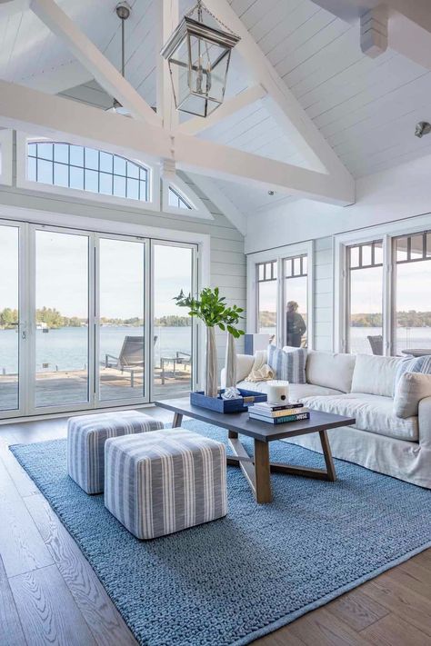 This renovated Lake Muskoka house offers a serene and inviting getaway Boat House Decorating Ideas, Lake House Sunroom, House Sunroom, Beautiful Lake House, Lake Muskoka, House Decorating Ideas, Muskoka Cottage, Loft Penthouse, House Mediterranean