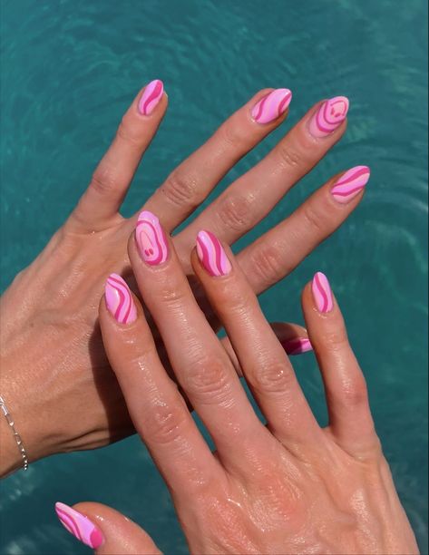 Pink Squiggly Line Nails, Wavy Smiley Face Nails, Pink 70s Nails, Pink Nails Smiley Face, Pink Smiley Nails, Pink Squiggle Nails, Pink Smiley Face Nails, Pink Swirly Nails, Swirly Nails