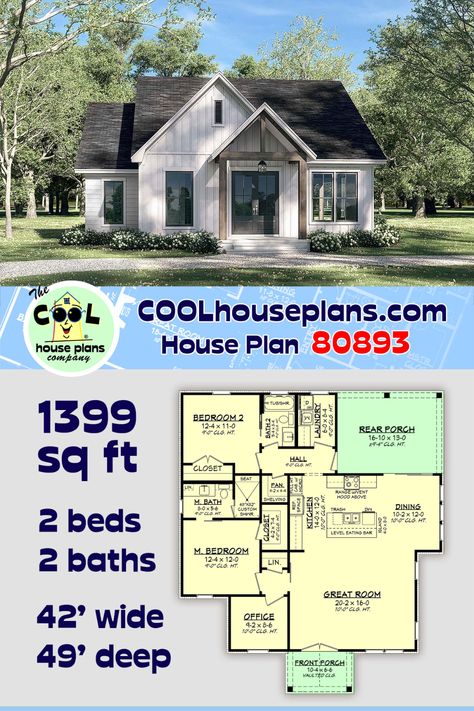 Country, Craftsman, Farmhouse, Southern House Plan 80893 with 2 Beds, 2 Baths 2 Bed 2 Bath House, Country Cottage House Plans, Office Floor Plan, Southern Style House Plans, Cottage Plan, House Plans Farmhouse, Craftsman House Plans, House Blueprints, Cottage House Plans