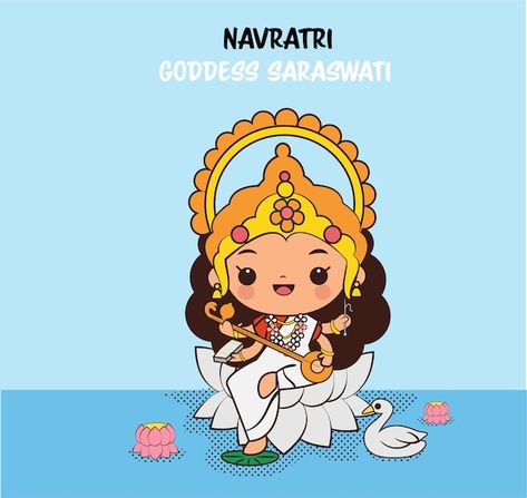 Saraswati Cartoon, Cute Saraswati Goddess, Saraswati Goddess Paintings, Ganesha Cartoon, Indian Cartoon Characters, Navratri Illustration, Navratri Pic, Paintings Cartoon, Ganesha Drawing