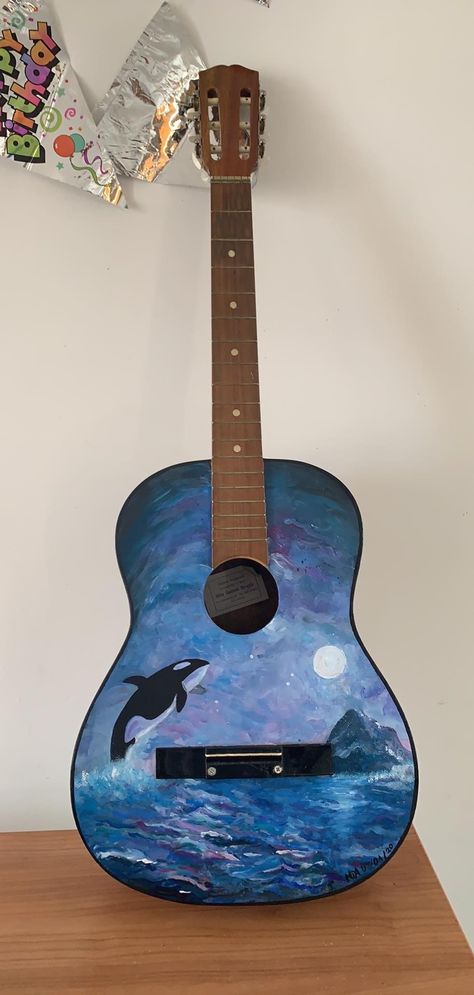 Orca sunset painted guitar Painted Guitar, Guitar Painting, Sunset Painting, Cute Diys, Diy Painting, Music Instruments, Guitar