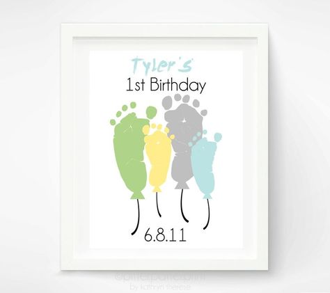 summer footprint ideas | Baby's First Birthday Footprint Art Print by PitterPatterPrint, $35.00 Birthday Footprint Art, Baby Footprint Art, First Birthday Balloons, Baby's First Christmas Gifts, Baby Art Projects, Footprint Crafts, Baby Footprint, Baby's First Birthday, Diy Bebe