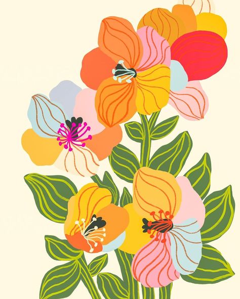 Gigi/Joanna Rosado | May🌼 . . . . . #womanwithpencils #womanwhodraw #womenofillustrations #weloveillustration #womenofillustration #illustrationnow… | Instagram Flower Blooming Illustration, Flower And Butterfly Illustration, Bold Flower Illustration, Gouache Floral Illustration, Tropical Florals Illustration, Floral Illustration Art, Etsy Prints, Rainbow Aesthetic, Rainbow Background