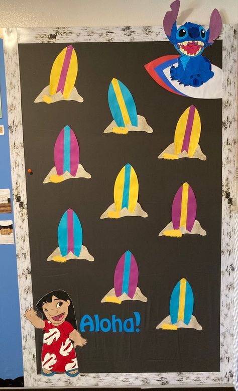 Lilo And Stitch Door Decorations Classroom, Lilo And Stitch Bulletin Board Ideas, Lilo And Stitch Classroom Door, Ohana Classroom Theme, Stitch Bulletin Board, Disney Theme Bulletin Board Ideas, Disney Classroom Bulletin Boards, Moana Classroom Door, Lilo And Stitch Decorations