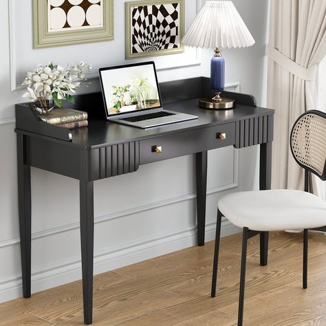 PRICES MAY VARY. 【Save space】This desk size: 43.3 W x 17.7D x 33.4 H inch the compact design ensures that it can be placed in a small space in the corner of dormitory or apartment.Ideal for use as a Vanity desk or writing desk. Vintage shaped hoardings can prevent items from falling. A large capacity drawer that meets all your sorting and placement needs. The drawer is equipped with smooth rails and two gold handles. 【Appearance material 】High Quality，Environmentally friendly coating, thick MDF Black Makeup Table, White Makeup Table, Black Vanity Desk, White Vanity Desk, Wood Computer Desk, Modern Computer Desk, Desks For Small Spaces, Desk Size, Desk Computer