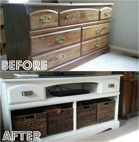 Storage..love it. Doing this to my dresser for Noah's play room as soon as we buy new bedroom furniture next year. Repurposed Dresser, Dresser Tv Stand, Real Estat, Old Dressers, Refurbished Furniture, Redo Furniture, Repurposed Furniture, Furniture Projects, Entertainment Center