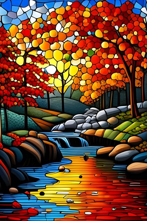 Faux stained glass image of a river running amid autumn foliage Tree Glass Painting, Stain Glass Window Art, Glass Painting Patterns, Stained Glass Quilt, Great Works Of Art, Glass Window Art, Stained Glass Paint, Glass Mosaic Art, Autumn Foliage