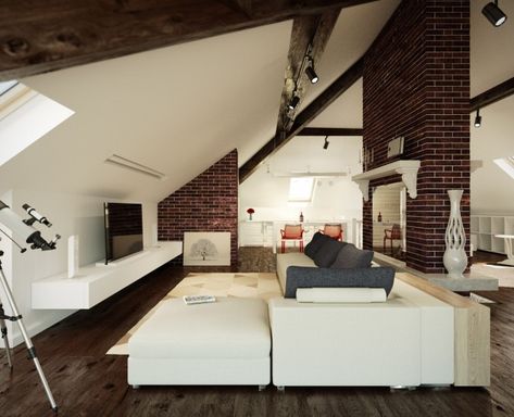 Another nice use of loft/sloped ceilings and light color scheme to create cozy living area Attic Design Ideas, Attic Lighting, Attic Loft, Slanted Ceiling, Loft Furniture, Small Attic, Attic Flooring, Attic Design, Attic Apartment