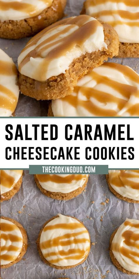 Get ready to indulge in the ultimate sweet treat with these Copycat Crumbl Salted Caramel Cheesecake Cookies. With a buttery graham cracker base, creamy cheesecake frosting, and a drizzle of homemade caramel sauce, these cookies taste just like the real thing, if not better! Caramel Cheesecake Cookies, Crumble Cookie Recipe, Cheesecake Frosting, Crumble Cookie, Salted Caramel Cheesecake, Baked Dessert, Crumbl Cookies, Christmas Baking Recipes, Caramel Cheesecake