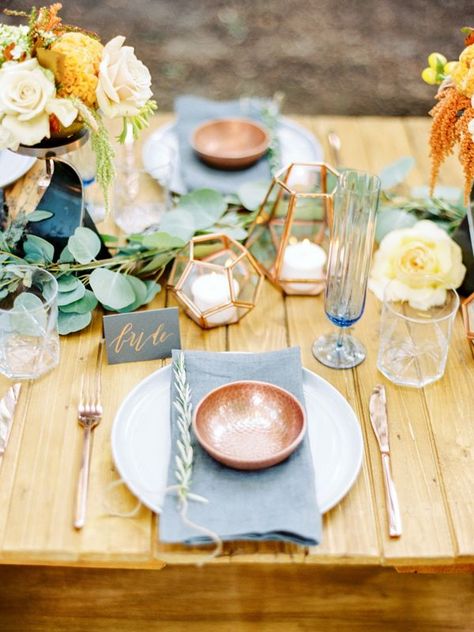 place setting - photo by Love by Serena http://ruffledblog.com/copper-and-slate-autumn-inspiration-shoot Pastel Blue Wedding, Halloween Fest, Copper Wedding, Blue Themed Wedding, Summer Wedding Colors, Geometric Wedding, Wedding Table Decorations, Fall Wedding Colors, Pastel Wedding