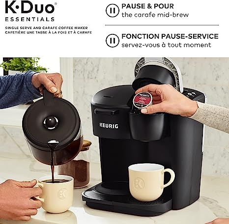 Keurig K-Duo Essentials Single Serve & Carafe Coffee Maker, Moonlight Gray ENERGY EFFICIENT: Auto off feature for both your coffee maker and your heating plate COMPATIBLE WITH THE MY K-CUP UNIVERSAL REUSABLE COFFEE FILTER: Brew your own ground coffee (sold separately) Pod Coffee Makers, Reusable Coffee Filter, Coffee Carafe, Keurig Coffee Makers, Cappuccino Machine, Keurig Coffee, Single Serve Coffee Makers, Single Serve Coffee, Water Reservoir