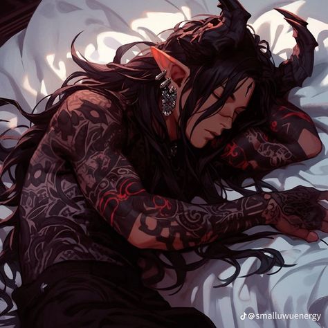 Suggestive Pose Drawing Ref, Dragon Man Art, Dragonoid Human Male, Male Elf Art, Dark Wavy Hair, Dark Characters, Demon Reference, Character Creating, Pointed Ears