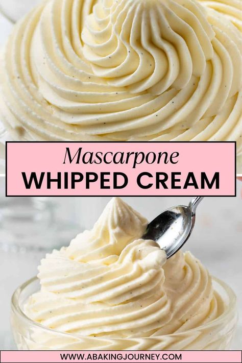 This Stabilised Mascarpone Whipped Cream recipe is super easy to make with only 4 ingredients and in less than 10 minutes. This frosting is deliciously creamy and fluffy, and will remain stable for much longer than traditional whipped cream! Whip Cream Frosting, Buttercream Glaze, Glaze Frosting, Mascarpone Whipped Cream, Cakes Fillings, Whipped Cream Recipe, Mascarpone Frosting, Pie Fillings, Recipes With Whipping Cream