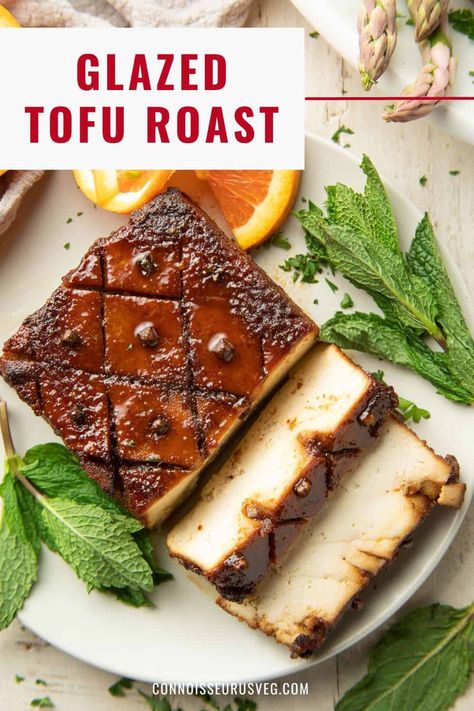 This tofu roast is loaded with sweet and smoky flavor! Made with a whole block of tofu that's marinated, baked, and glazed to perfection, it's the perfect main dish for everything from weeknight dinners to holidays and special occasions. Oven Roasted Tofu, Roasted Tofu Recipes, Tofu Roast, Roasted Tofu, Glazed Tofu, Vegan Entrees, Tofu Recipes Vegan, Vegan Dinner Recipes Easy, Vegan Meat