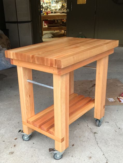 Butcher Block Cart On Wheels, Butcher Block Trolley, Diy Kitchen Cart, Diy Grill Table, Pallet Kitchen Island, Pallet Kitchen, Butcher Block Kitchen, Grill Table, Diy Outdoor Table