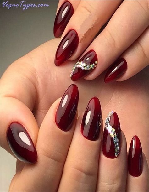 Deep red with bling Dark Red Nail Designs, Bordo Nails, Dark Nail Art, Red Nail Art Designs, Red Gel Nails, Dark Nail, Dark Red Nails, Red Nail Art, Red Acrylic Nails