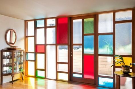 Beautiful Home Window Reminiscent of Piet Mondrian Mondrian Interior, Modern Renovation, Art Deco Bathroom, Glass Partition, Bedroom Door, Coloured Glass, Piet Mondrian, Wood Doors Interior, Waterfront Homes