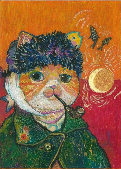 Art Work Ideas, Modern Art Portrait, Cat Van Gogh, Funny Cat Art, Crazy Art, Soyut Sanat Tabloları, Art Parody, Craft Decoration, Van Gogh Art