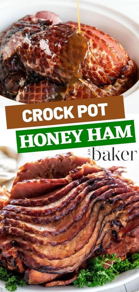 Delicious, perfectly moist, drowning in flavor, this Crock Pot Honey Ham is perfect for your Christmas dinners! If you are planning a get-together and want to impress your guests, this is the best Christmas recipe for you! It's a perfected crock-pot recipe that will never disappoint! Crock Pot Honey Ham Slow Cooker, Sliced Ham Crockpot Recipes, Honey Ham Crockpot Recipes, Slow Cooked Ham Crock Pots, Honey Ham Recipe Crock Pot, Crockpot Holiday Meals, Ham Steak Slow Cooker Recipes, Ham In A Crockpot Slow Cooker, Ham Recipes In Crockpot