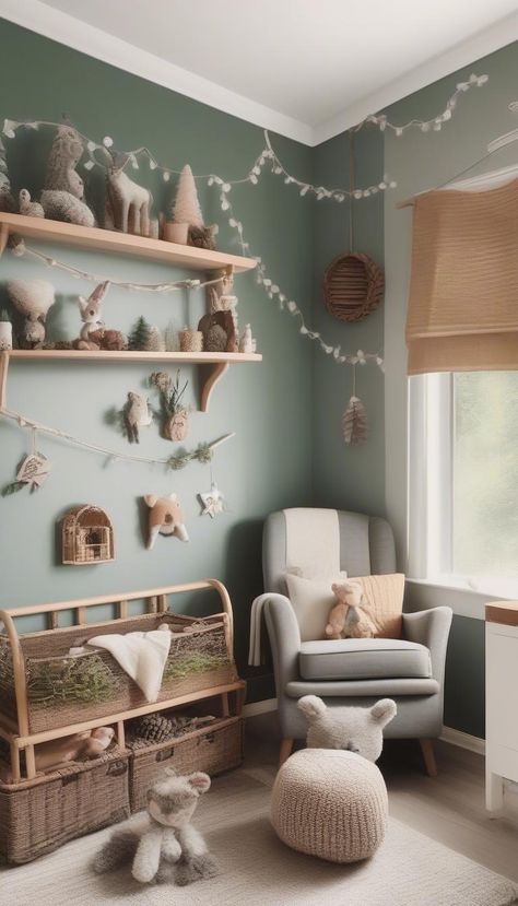 Woodland-themed nursery with cozy forest vibes. Hobbit Baby Shower Ideas, Fairy Garden Nursery Theme, Nature Nursery Theme, Garden Nursery Theme, Boy Nursery Woodland, Cottage Core Boy, Forest Themed Nursery, Forest Nursery Theme, Green Baby Nursery