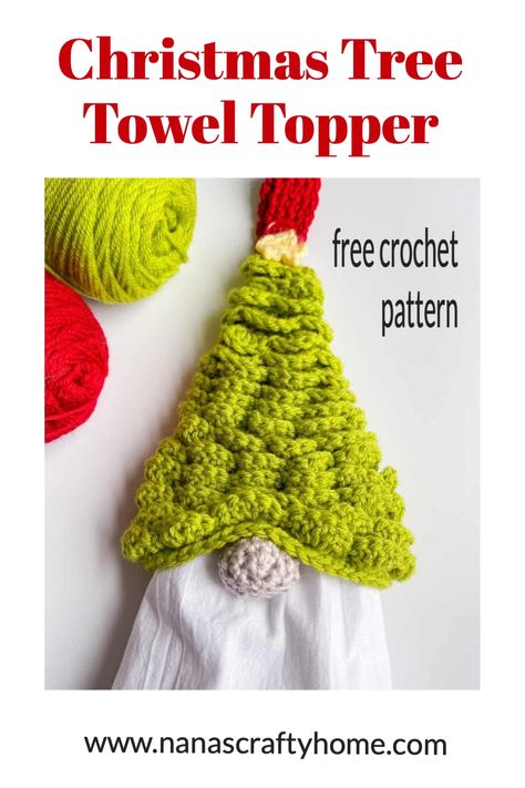 The Christmas Tree Towel Topper is a free crochet pattern by Nana's Crafty Home! This beautiful and fun towel topper is so versatile & includes a gnome option! Gnome Towel Topper, Tree Gnome, Crochet Christmas Trees Pattern, Diy Natal, Crochet Towel Topper, Crochet Gnome, Gnome Crochet, Crochet Christmas Tree, Christmas Tree Hat