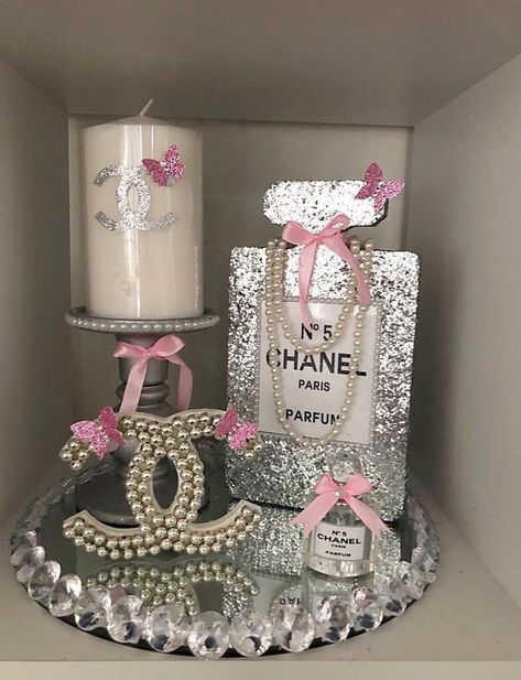 Chanel Bottle, Chanel Room, Chanel Birthday Party, Chanel Birthday, Chanel Wall Art, Chanel Decor, Chanel Party, Glamour Decor, Mirror Vanity Tray