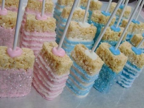 Rice Krispie Treat Pops, Chocolate Dipped Rice Krispie Treats, Gender Reveal Candy, Gender Reveal Dessert, Gender Reveal Food, Gender Reveal Party Food, Chocolate Rice Krispie Treats, Baby Gender Reveal Party Decorations, Gender Reveal Party Games