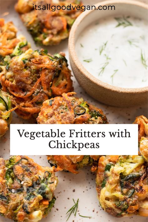 Do you have vegetables you need to use up? If so, you must try these crispy Vegetable Fritters with Chickpeas. Packed with broccoli, zucchini, carrots, and chickpeas. They are easy to assemble and can be made gluten-free. Pair these with a refreshing creamy dill sauce for the ultimate appetizer or savory snack. #fritters #appetizers #vegan #plantbased Vegan Veggie Fritters Baked, Chickpea Zucchini Fritters, Broccoli Carrot Fritters, Vegetable Chickpea Fritters, Vegan Vegetable Fritters, Broccoli Fritters Vegan, Chickpea Fritters Vegan, Zucchini And Chickpeas, Chickpea Zucchini Recipes