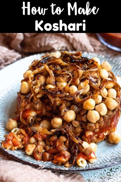 Koshari is the national dish of Egypt, made by layering lentils, pasta, rice, chickpeas, tomato sauce, and fried onions together! Lentils Pasta, Chickpea Skillet, Koshari Recipe, Middle Eastern Recipes Arabic Food, Chickpea And Rice, Chickpea Rice, Middle East Recipes, Spiced Rice, Pasta Rice