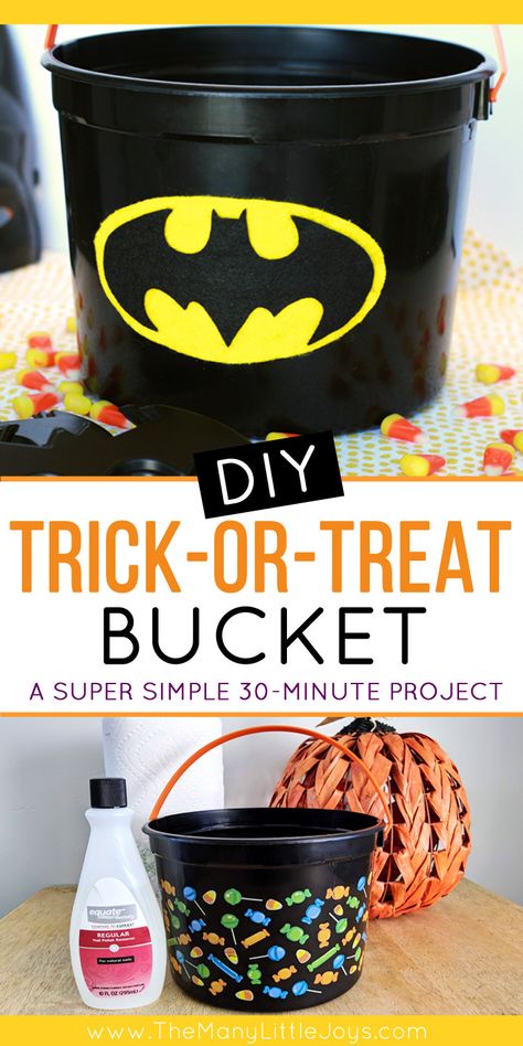 Easy DIY Batman Halloween Trick-or-Treat Bucket - The Many Little Joys Halloween Candy Bucket Ideas, Diy Trick Or Treat Buckets, 2022 Costumes, Diy Batman, Halloween Diy Kids, Halloween Prizes, Batman Diy, Batman Halloween, Party Bucket