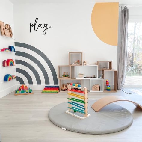 Toy Room Accent Wall, Montessori Wall Painting, Geometric Wall Paint Playroom, Gender Neutral Playroom Mural, Ikea Childrens Room, Simple Playroom Mural, Boho Kid Wall Paint, Playroom Mountain Wall, Baby Room Interior Design