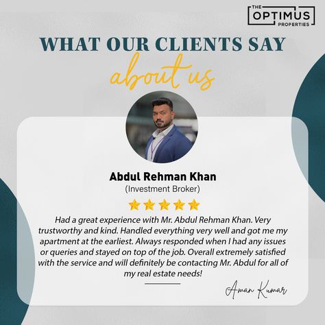 We take pride in recognizing the efforts of one of our passionate agents, Abdul Rehman Khan, who has consistently delivered outstanding services to our valued clients. With an unmatched commitment to customer satisfaction, Abdul Rehman gives his all to ensure a seamless experience for every client. His deep knowledge of the real estate market, excellent communication skills, and personalized approach have earned him a fine reputation in our company and in the market. The above testimonial is a t Real Estate Testimonials, Testimonial Ads, Deep Knowledge, Real Estates Design, Client Testimonial, Customer Testimonials, Creative Ads, Communication Skills, Real Estate Marketing