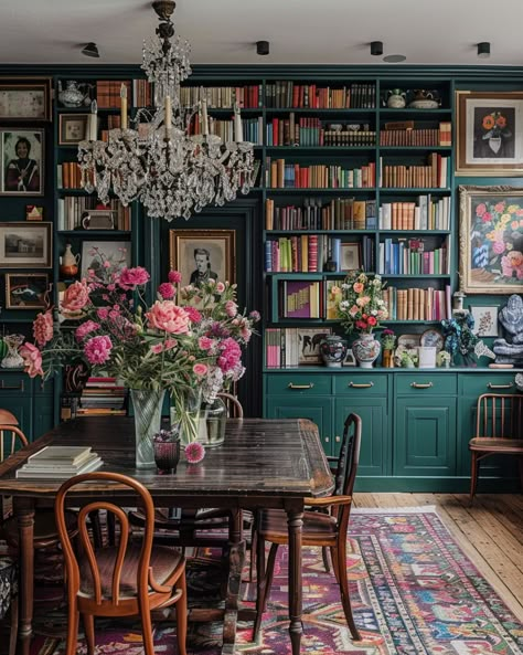 Monet Interior Design, Botanical Modern Interior, Eclectic Craftsman Interior, Grand Millennial Library, Interior Design Whimsical, Explorer Living Room, Mid Century Home Library, Modern Cottage Dining Room Ideas, Whimsy Interior Design